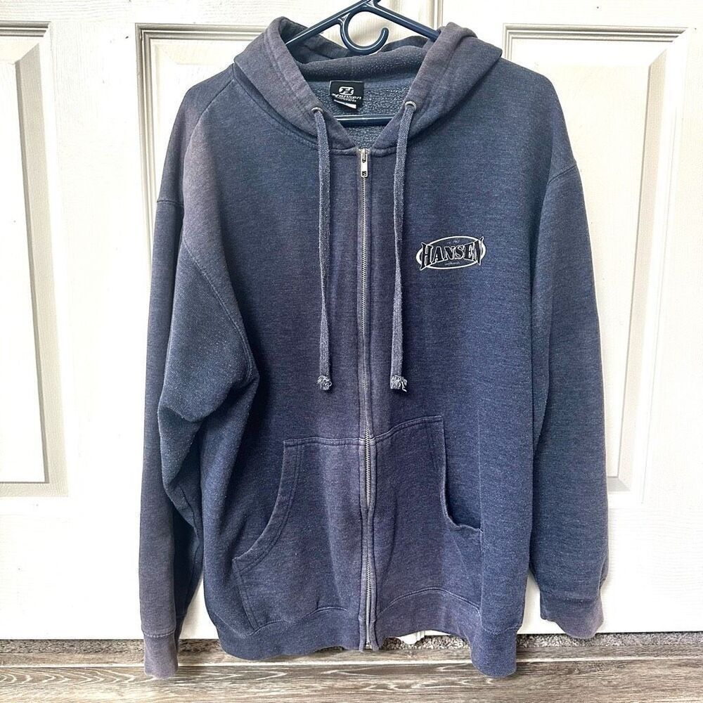 Hansen’s blue hooded sweatshirt